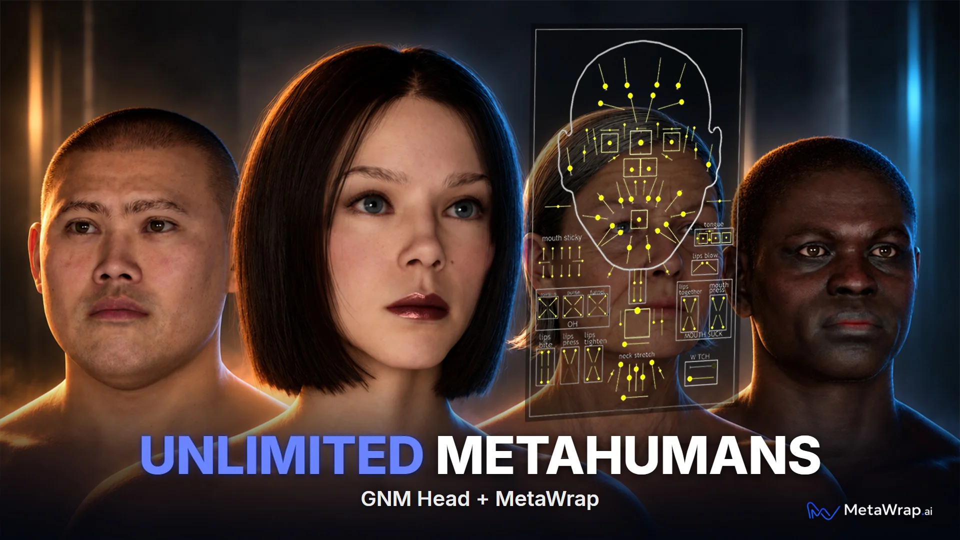 Unlimited MetaHumans: four characters made with GNM Head and MetaWrap